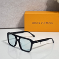 LV Glasses - Black Double-Bridge Square Silver LV Hinge Light Blue Lenses