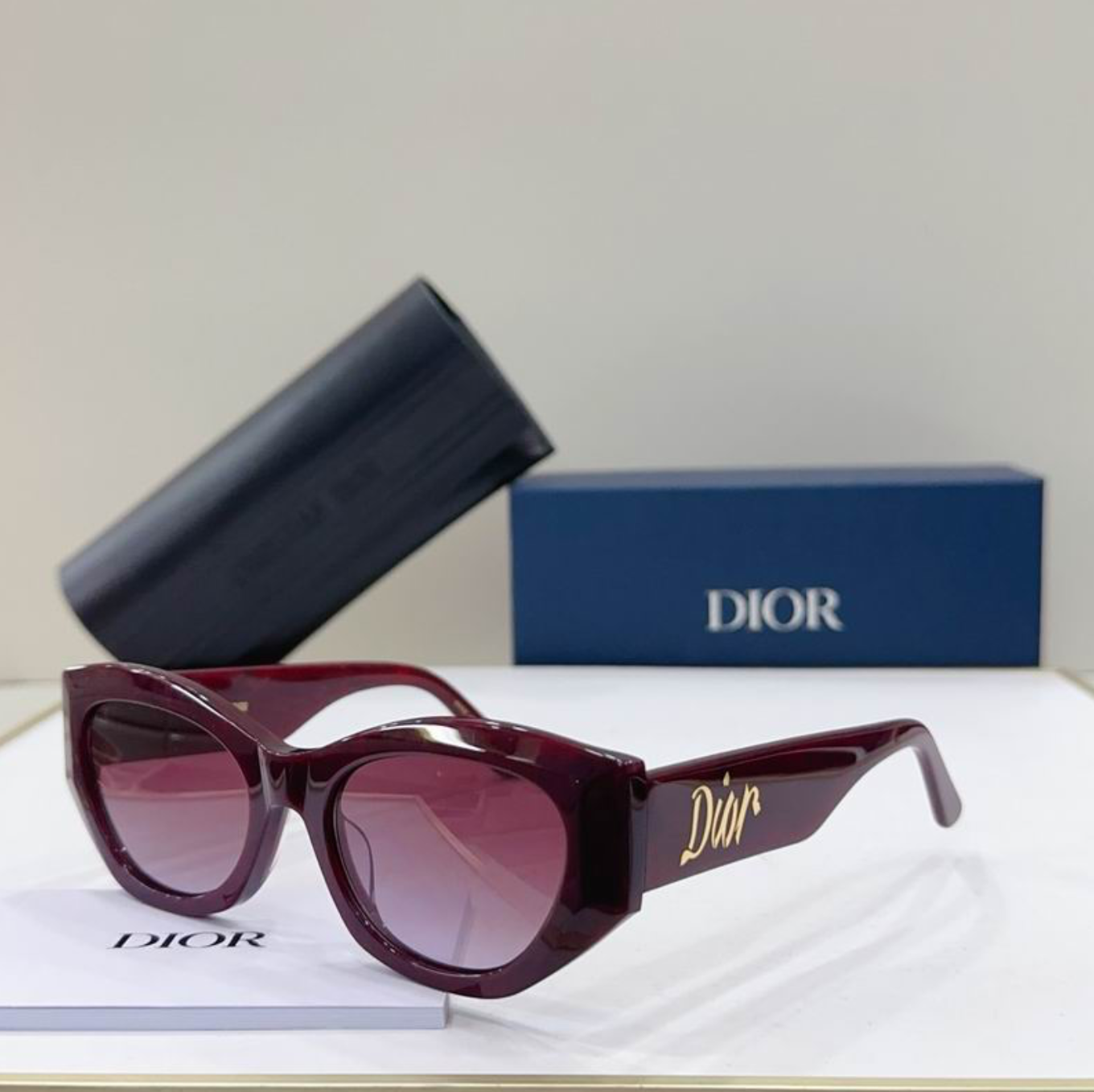 Dr Glasses - Wine Burgundy Large Angular Cat-Eye with Gradient Wine-Pink Lenses and Gold Dior Script