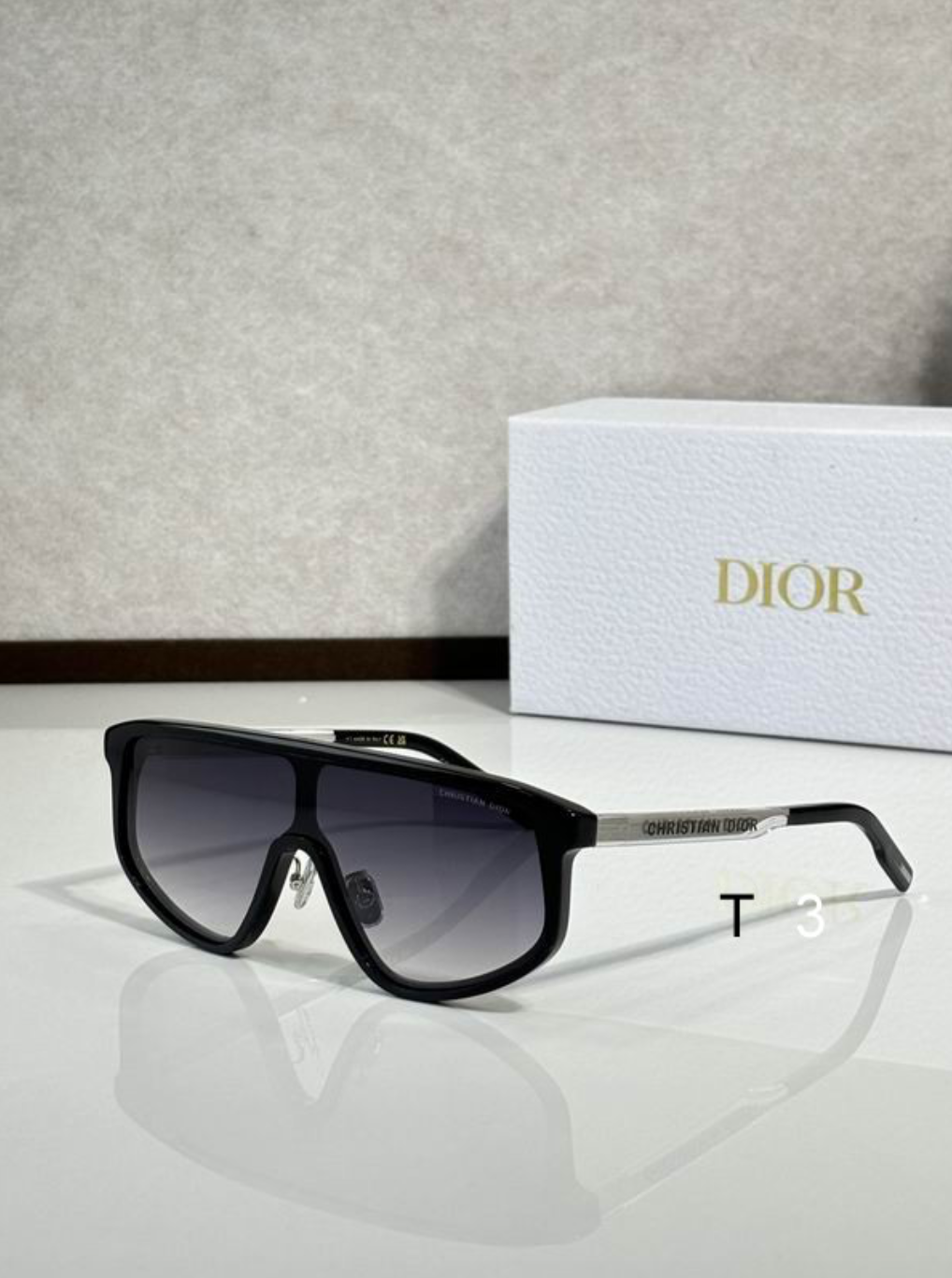 Dr Glasses - Black Shield Visor with Gradient Gray Lenses and Silver Christian Dior Text