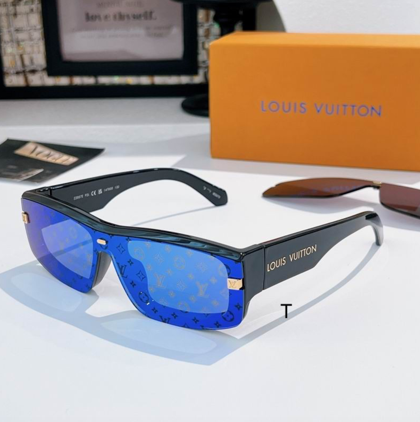 LV Glasses - Black Cyclops Shield LV Monogram Electric Blue Mirror Lenses