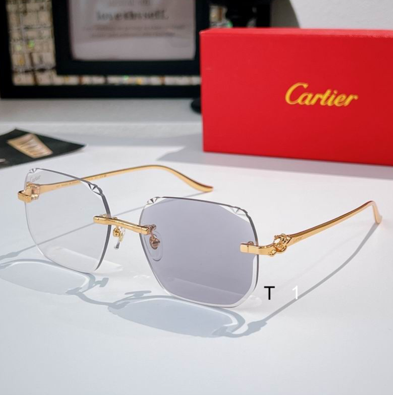 Crtir Glasses - Rimless Oversized Square Light Gray Gold Panther