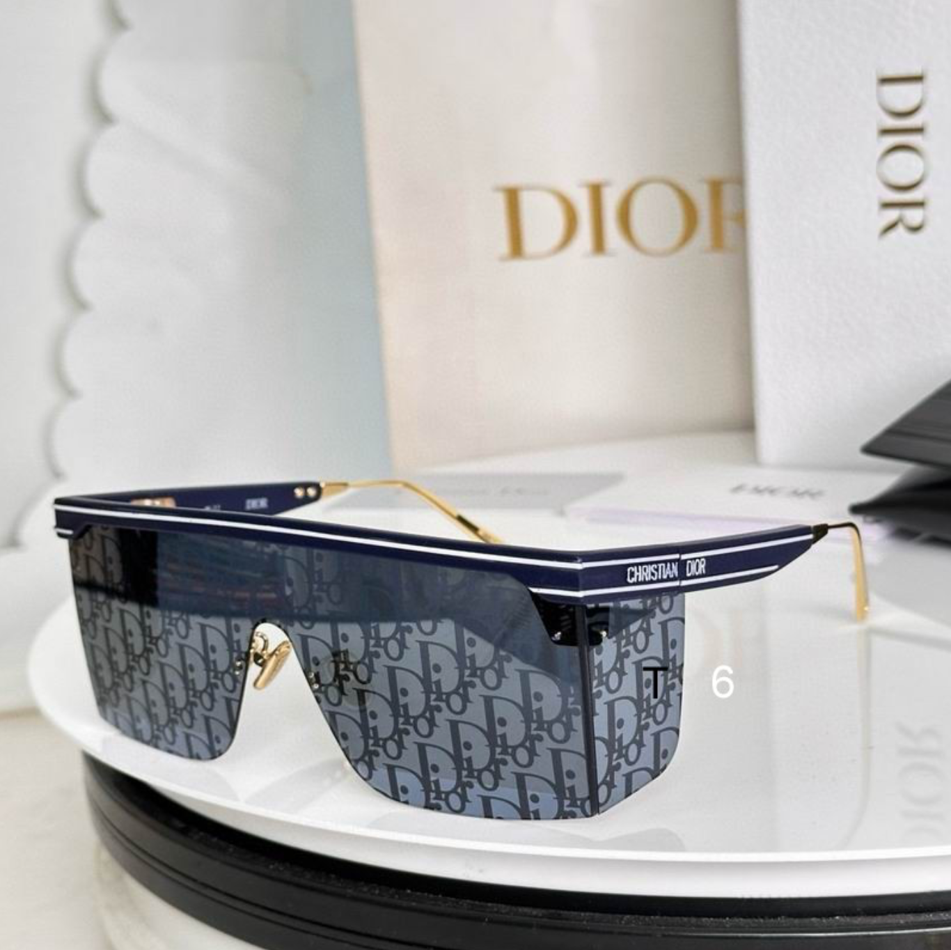 Dr Glasses - Navy Blue Flat-Top Shield Visor with Blue Oblique Monogram Lenses and Christian Dior Text