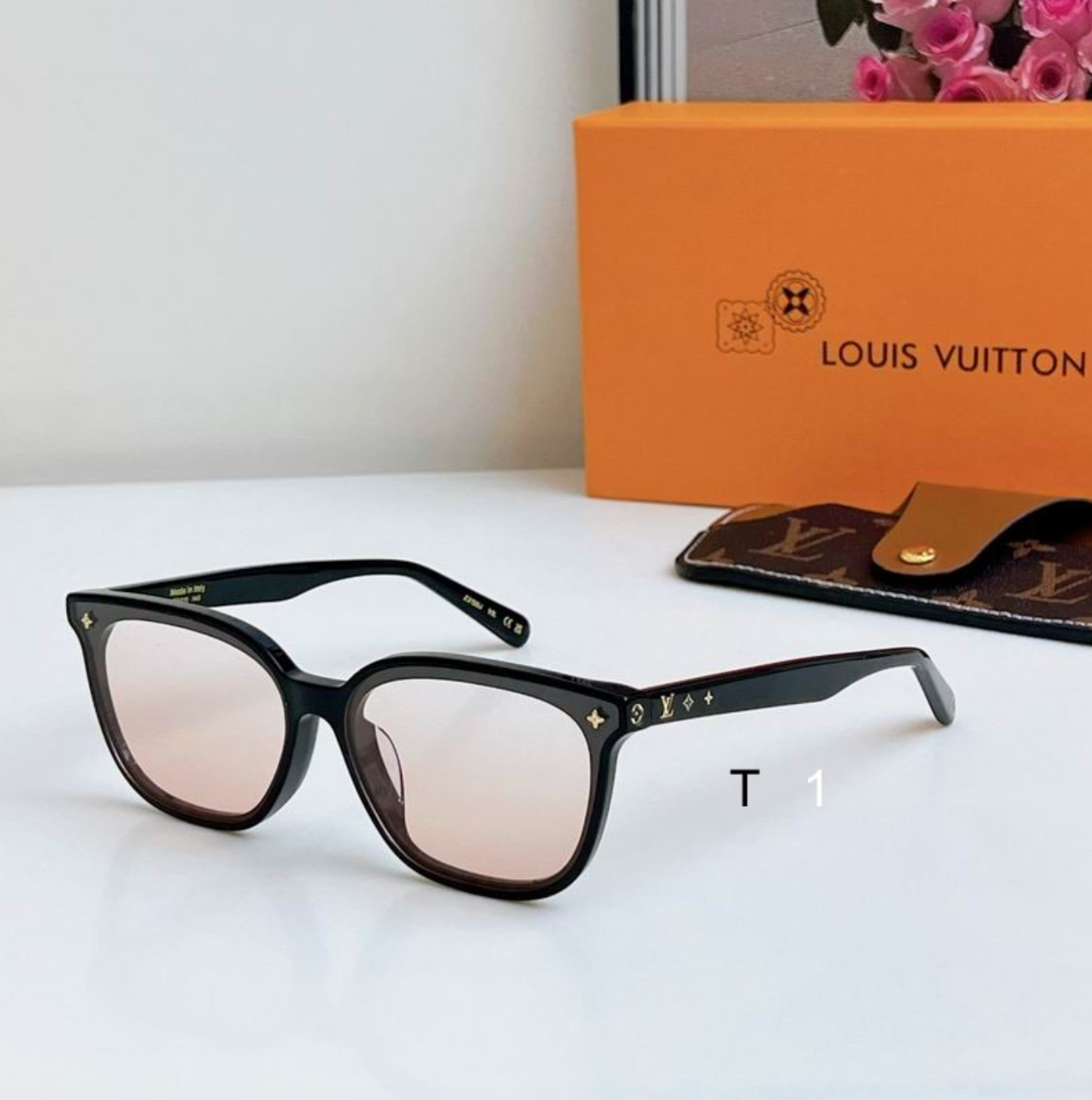 LV Glasses - Black Oversized Square Gold Flower Monogram Pink Rose Lenses