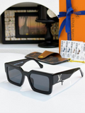 LV Glasses - Glossy Black Chunky Square Silver LV Logo Dark Gray Lenses