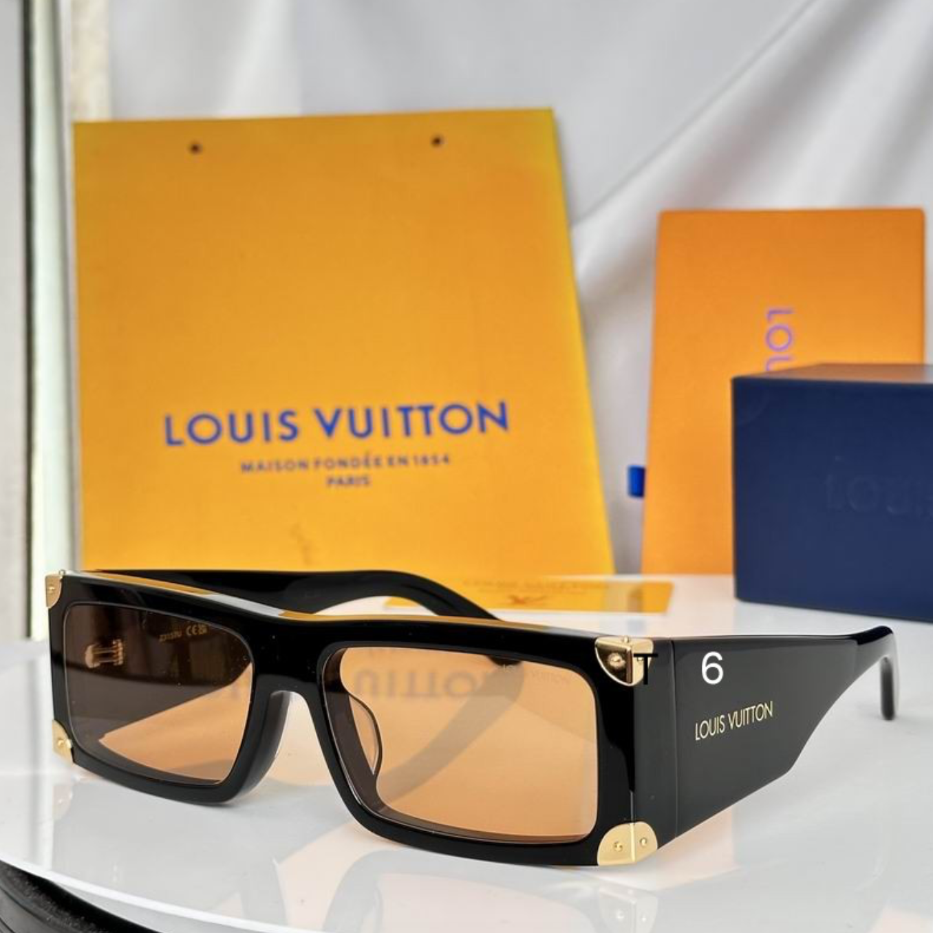 LV Glasses - Black Wide Rectangle Millionaire Style Gold Hardware Amber Lenses