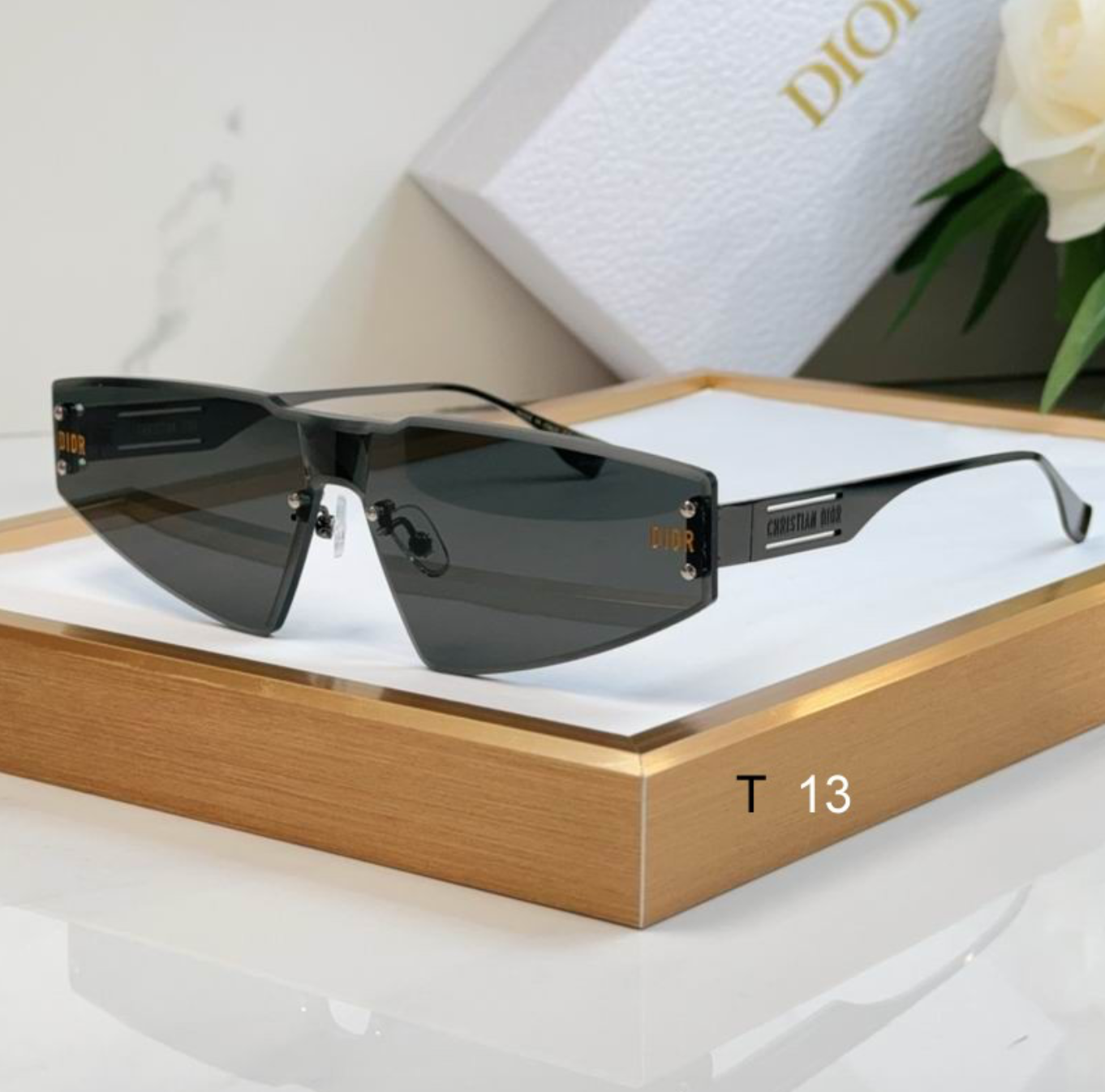 Dr Glasses - Black Futuristic Rimless Sport Shield with Dark Gray Lenses and Christian Dior Text