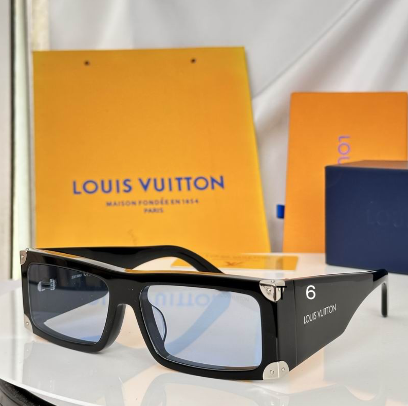 LV Glasses - Black Wide Rectangle Millionaire Style Silver Hardware Light Blue Lenses