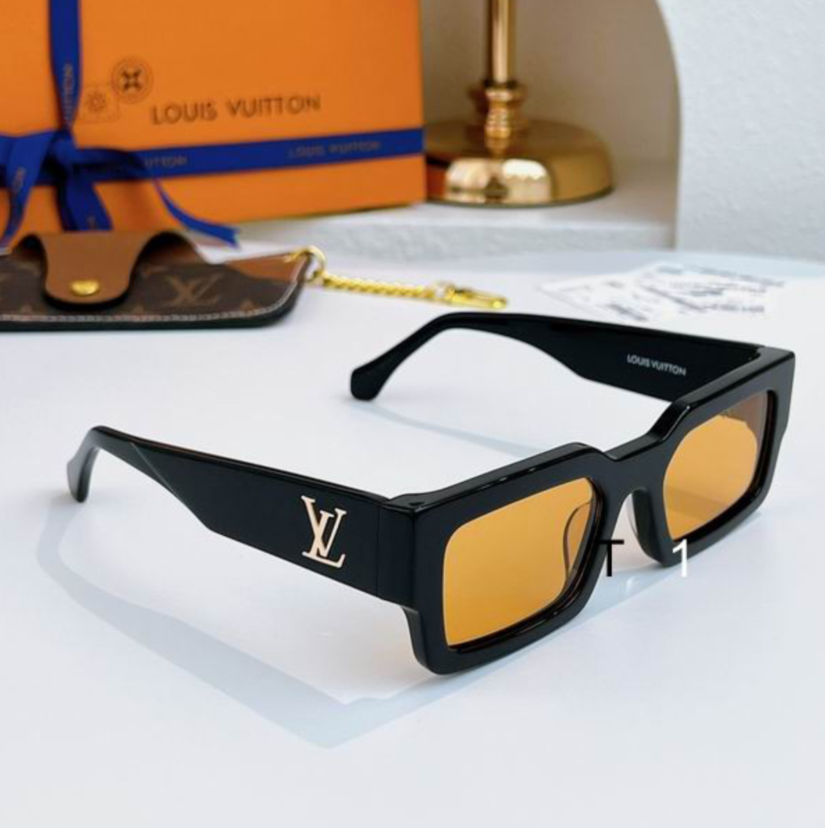 LV Glasses - Black Flat-Top Rectangle Gold LV Logo Amber Lenses
