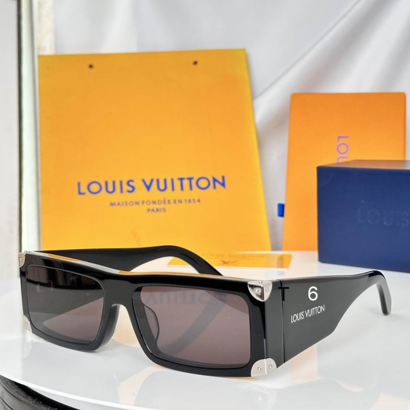 LV Glasses - Black Wide Rectangle Millionaire Style Silver Hardware Dark Lenses