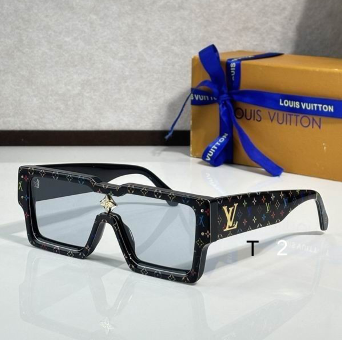 LV Glasses - Black Cyclops Shield Multicolor LV Monogram Light Blue Lenses