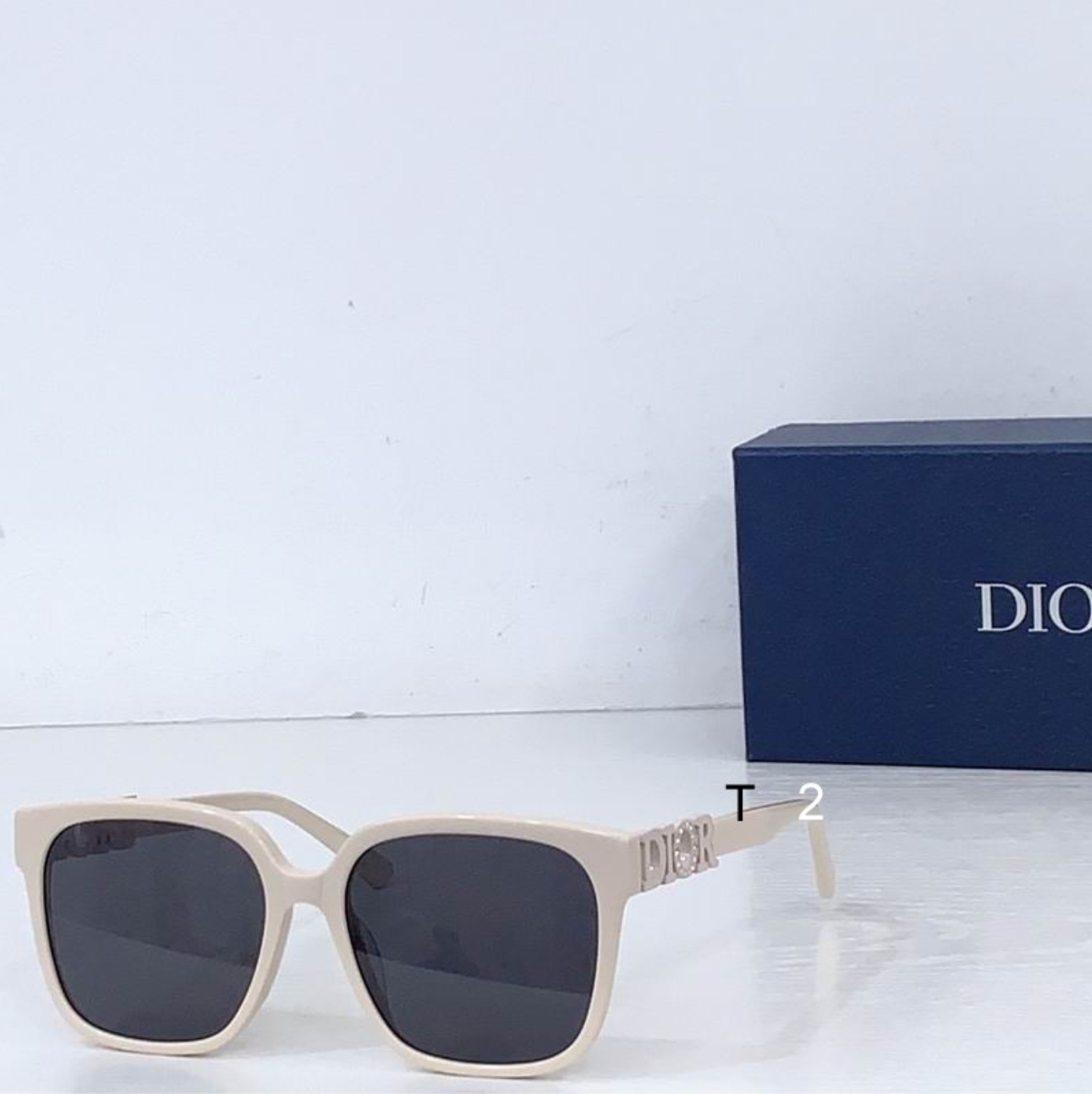 Dr Glasses - Cream Beige Oversized Square with Dark Gray Lenses and Crystal White 3D DIOR Temples