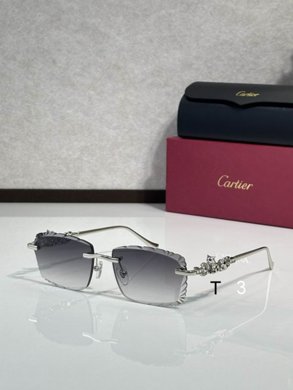 Crtir Glasses - Rimless Rectangular Diamond-Cut Edge Gray Gradient Crystal Panther Silver Arms