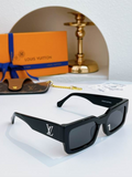 LV Glasses - Black Flat-Top Rectangle Silver LV Logo Dark Smoke Lenses