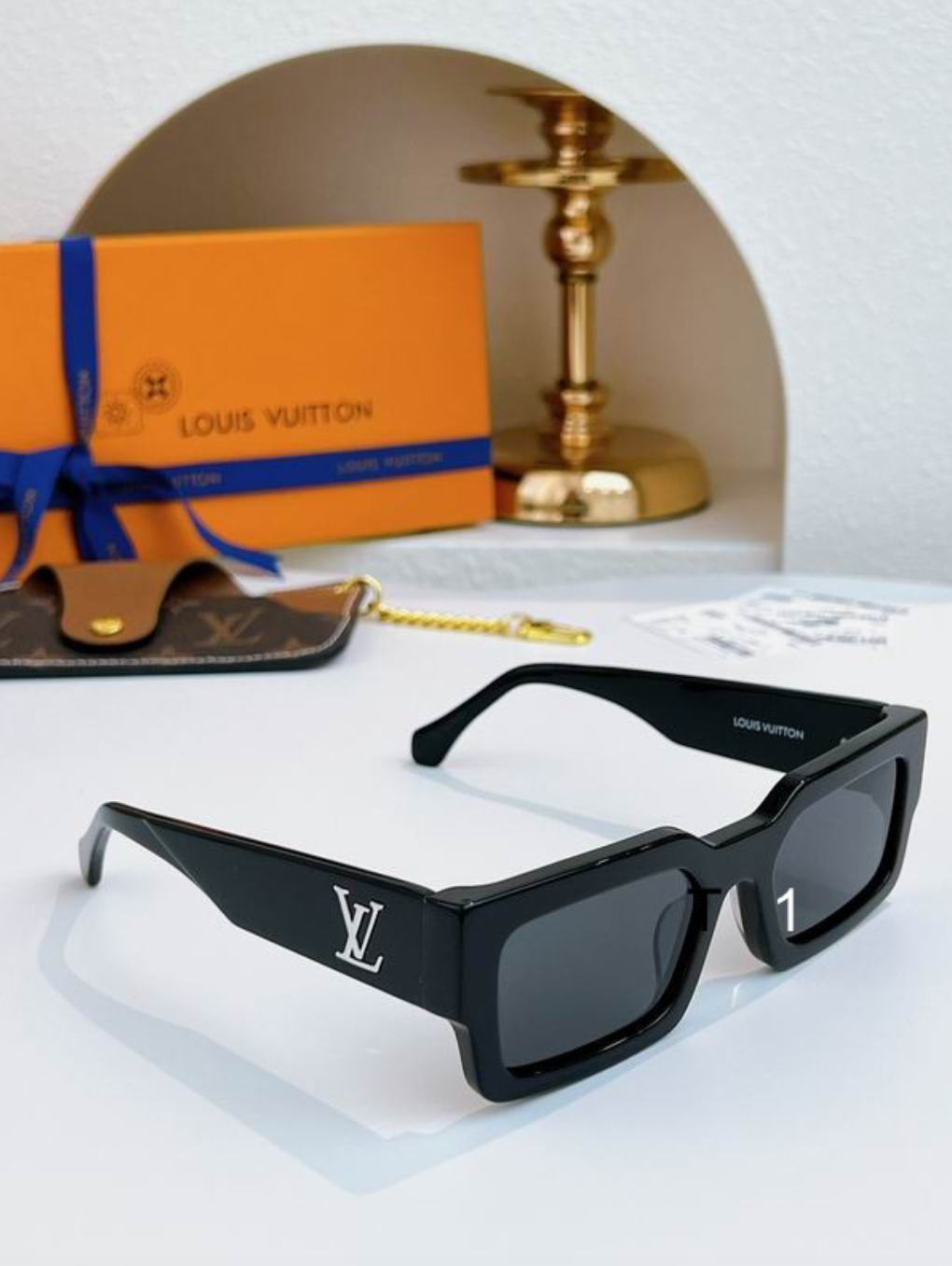 LV Glasses - Black Flat-Top Rectangle Silver LV Logo Dark Smoke Lenses
