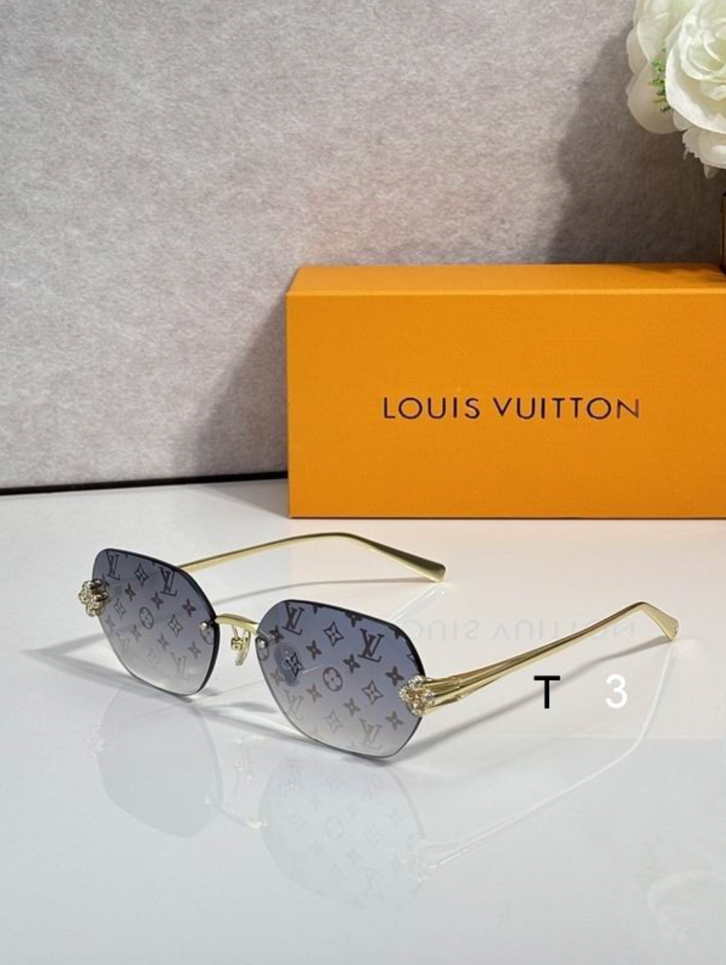 LV Glasses - Gold Frameless Hexagonal LV Monogram Blue Gray Crystal Flower Lenses