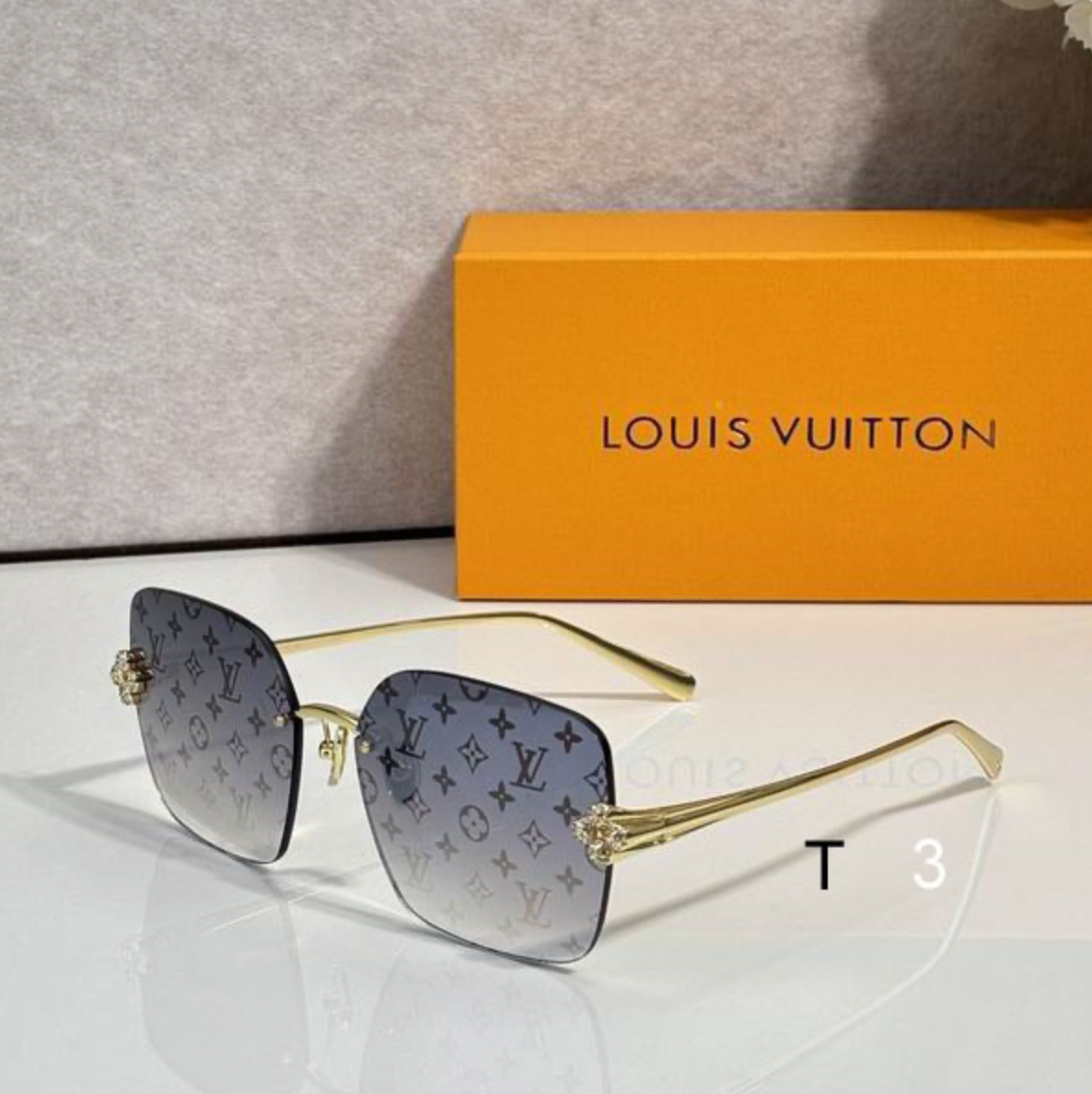 LV Glasses - Gold Frameless Square LV Monogram Blue Gray Crystal Flower Lenses
