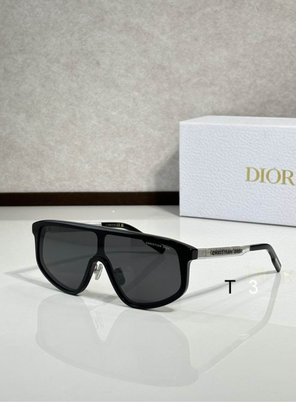 Dr Glasses - Black Shield Visor with Dark Gray Lenses and Silver Christian Dior Text