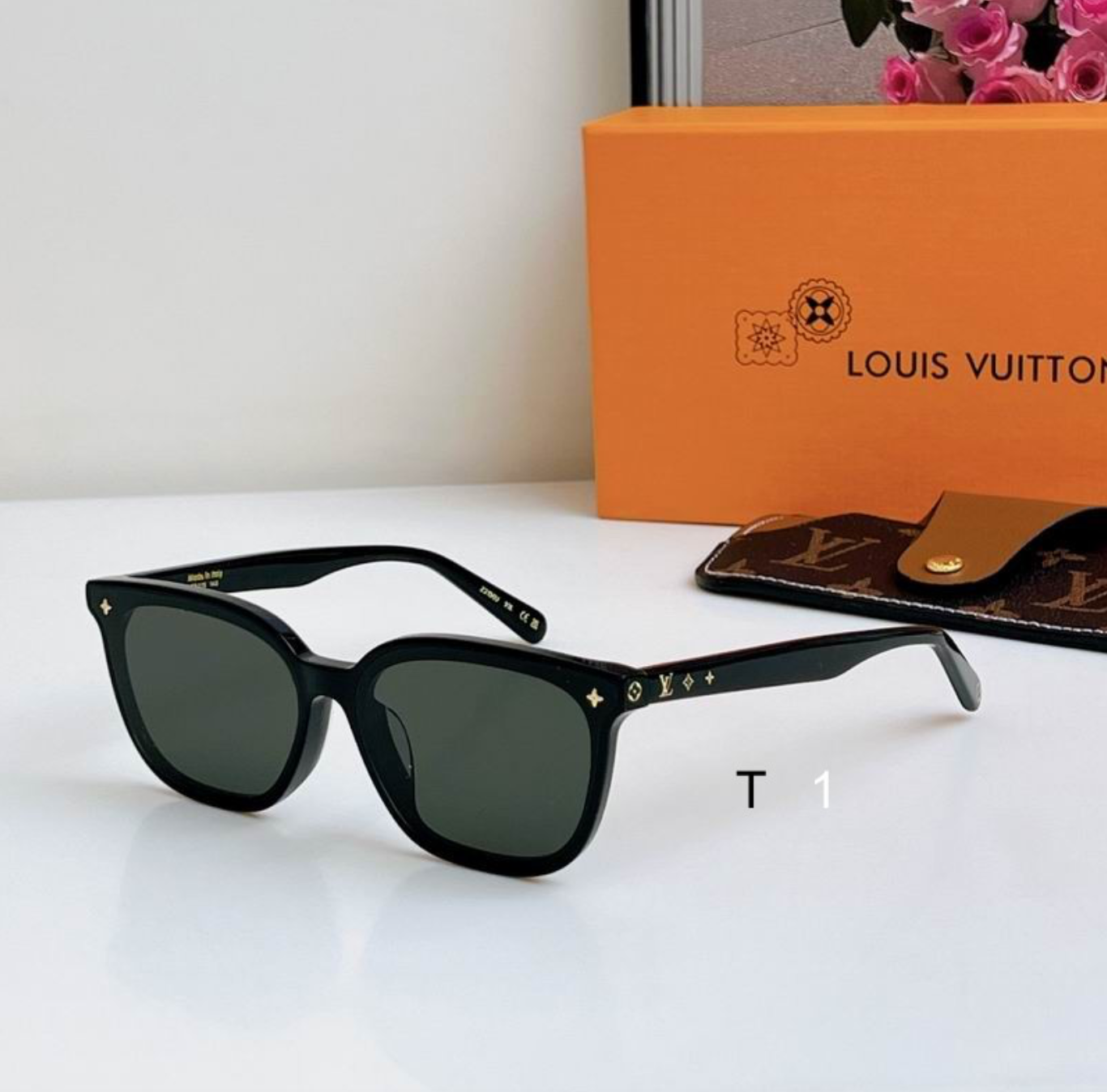 LV Glasses - Black Oversized Square Gold Flower Monogram Dark Smoke Lenses