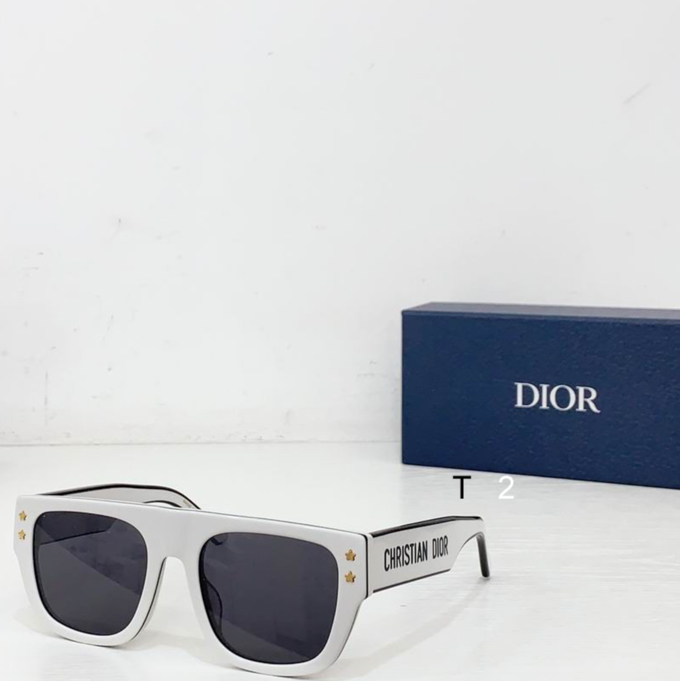 Dr Glasses - White Oversized Square with Dark Gray Lenses, Gold Star Studs and Christian Dior Text
