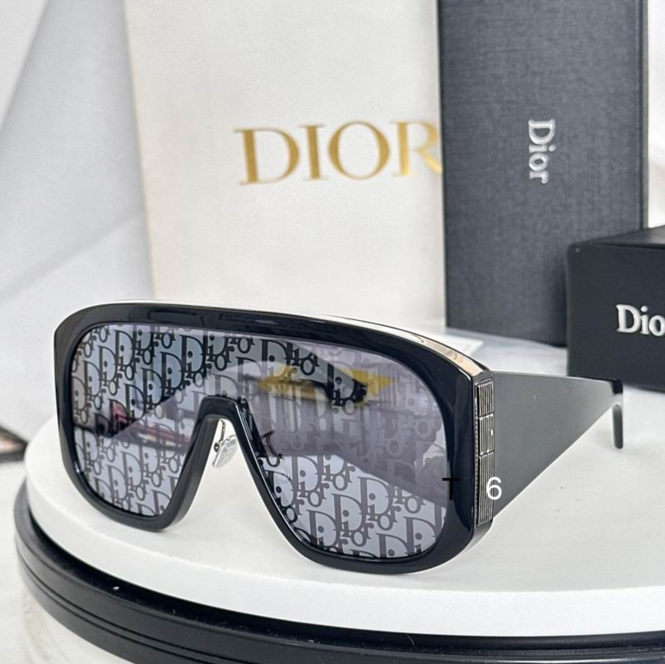 Dr Glasses - Black Oversized Shield with Dark Oblique Monogram Lenses and Gold Accent Textured Temples