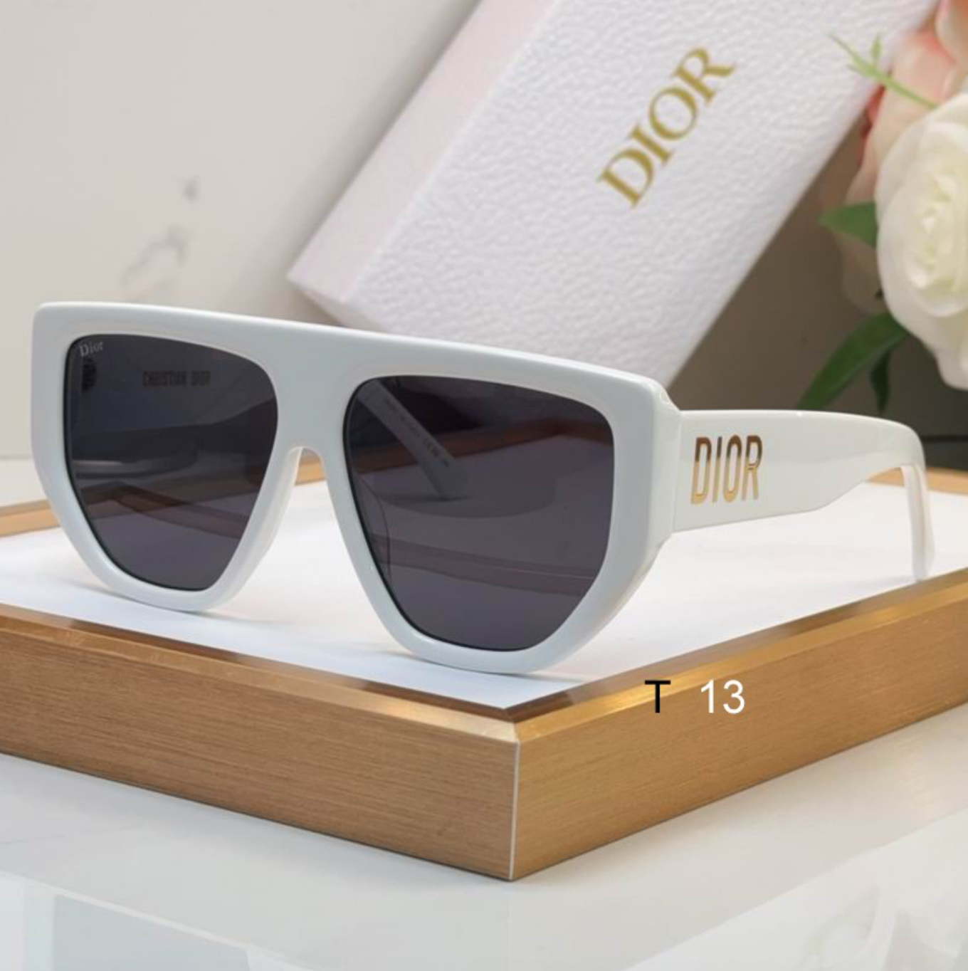 Dr Glasses - Oversized White Flat-Top Shield with Gold DIOR Text