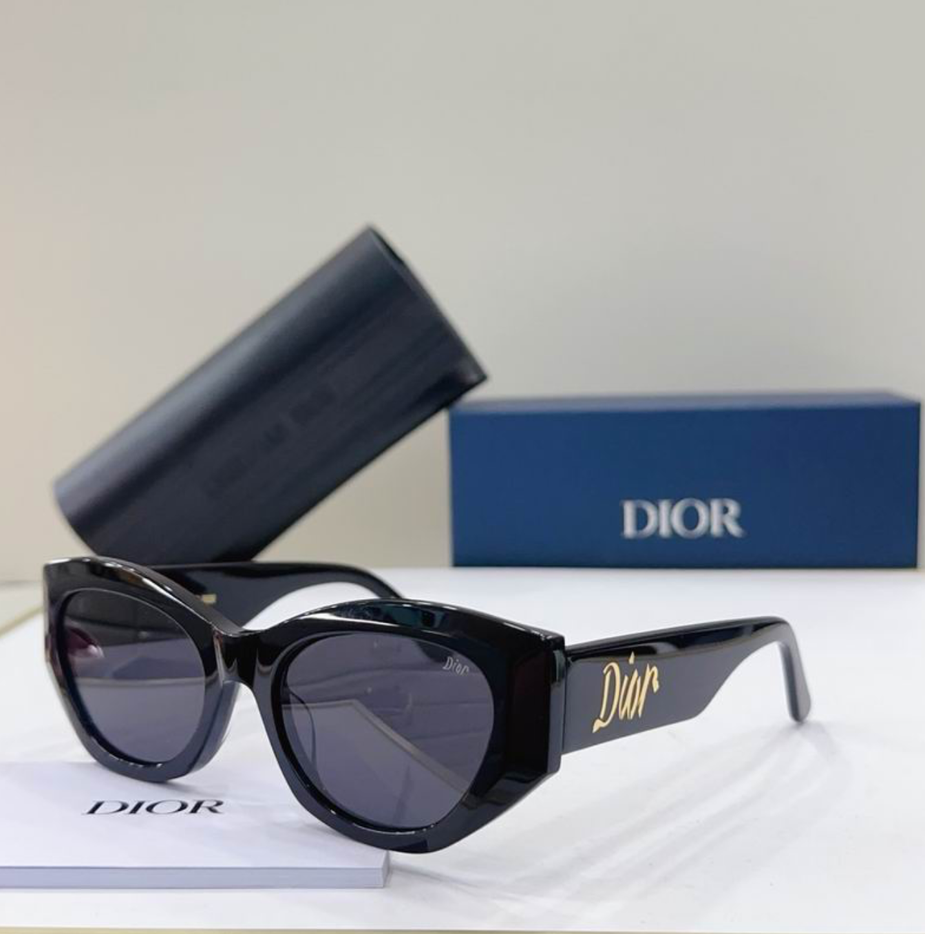 Dr Glasses - Black Oversized Cat-Eye with Dark Gray Lenses and Gold Dior Script