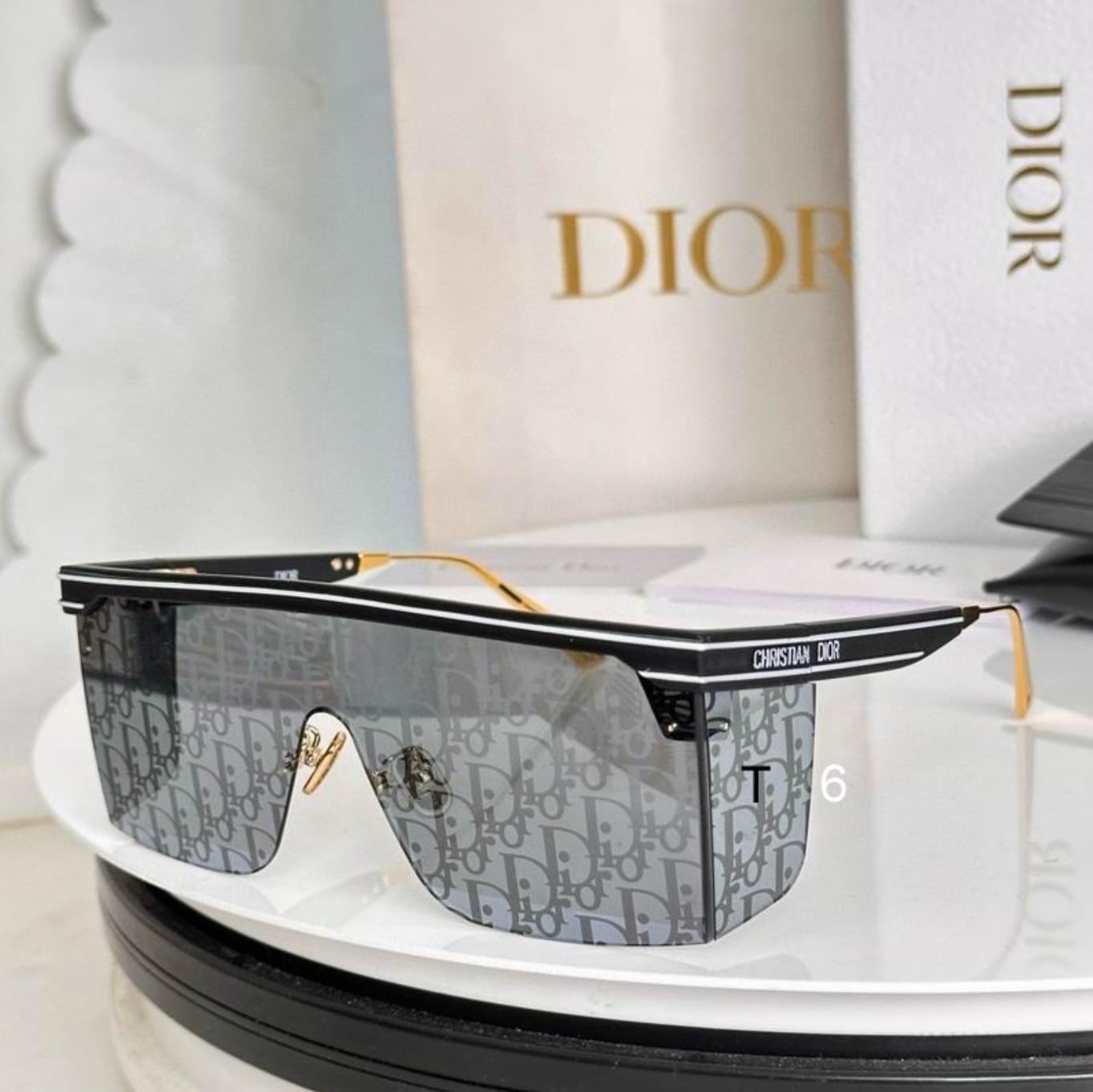 Dr Glasses - Black Flat-Top Shield Visor with Gray Oblique Monogram Lenses and Christian Dior Text