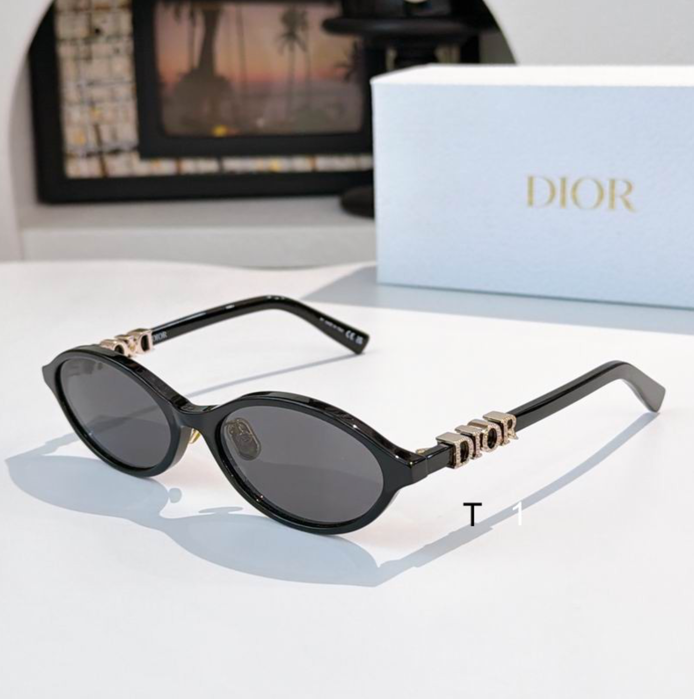 Dr Glasses - Black Oval Sunglasses with Gold Crystal DIOR Letter Temples