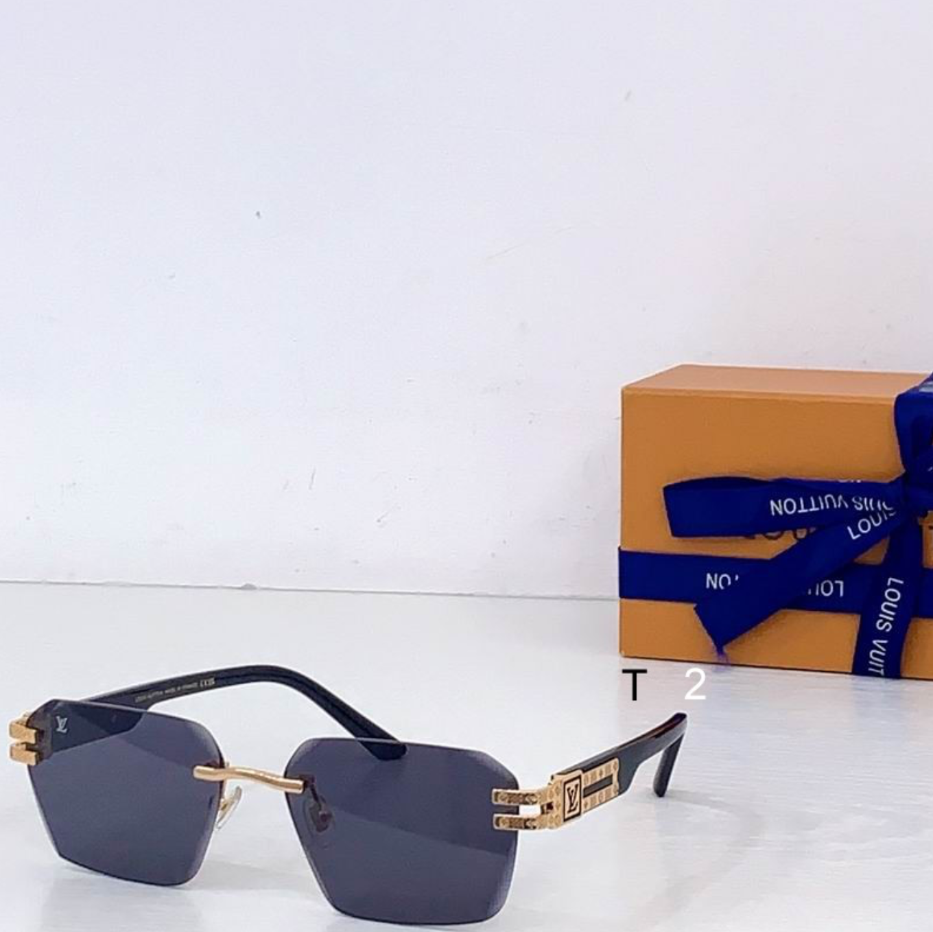 LV Glasses - Gold Rimless Square Ornate Decorative Temple Dark Smoke Lenses