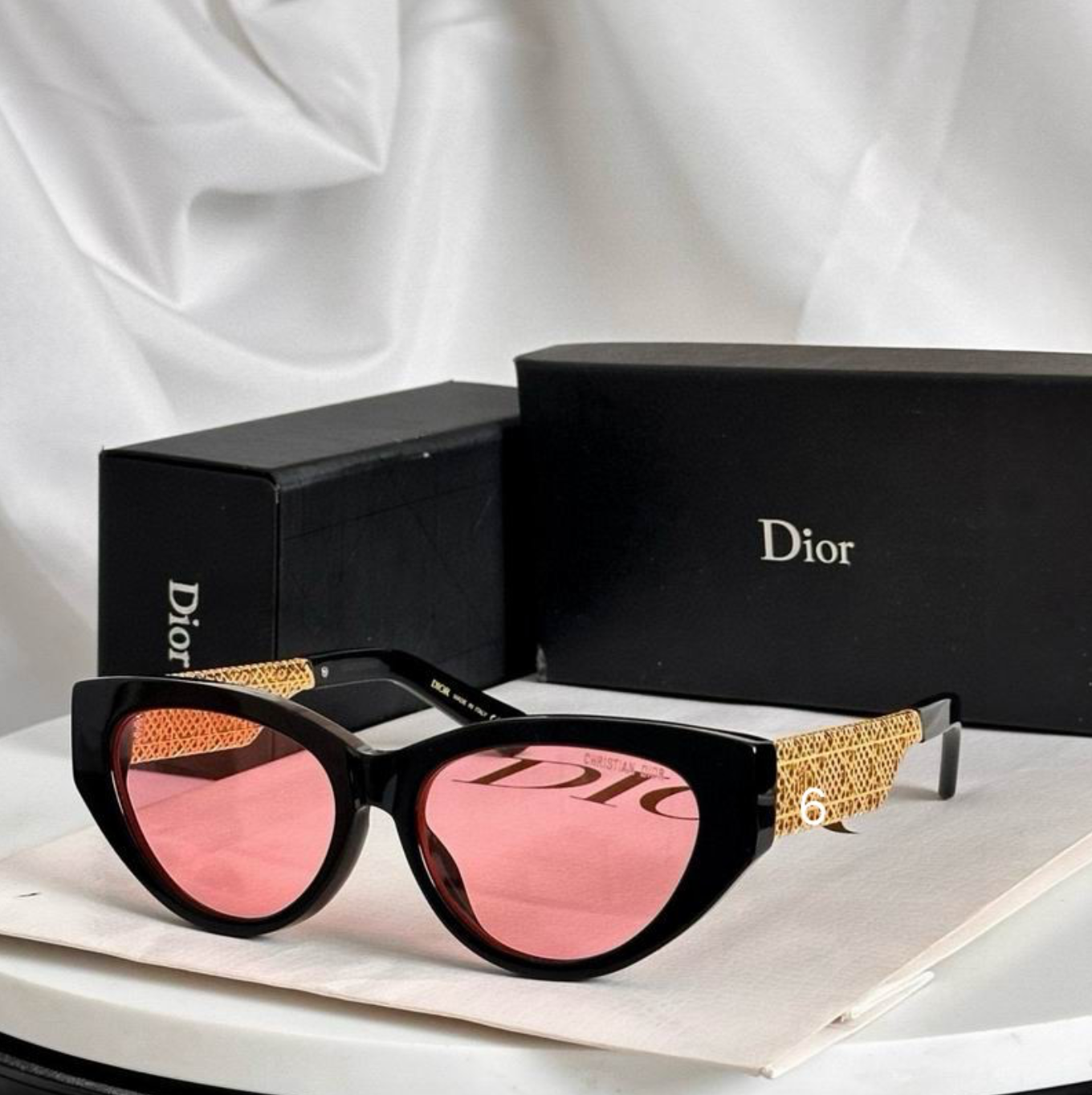 Dr Glasses - Black Cat-Eye with Pink Lenses and Gold Mesh Lattice Temples