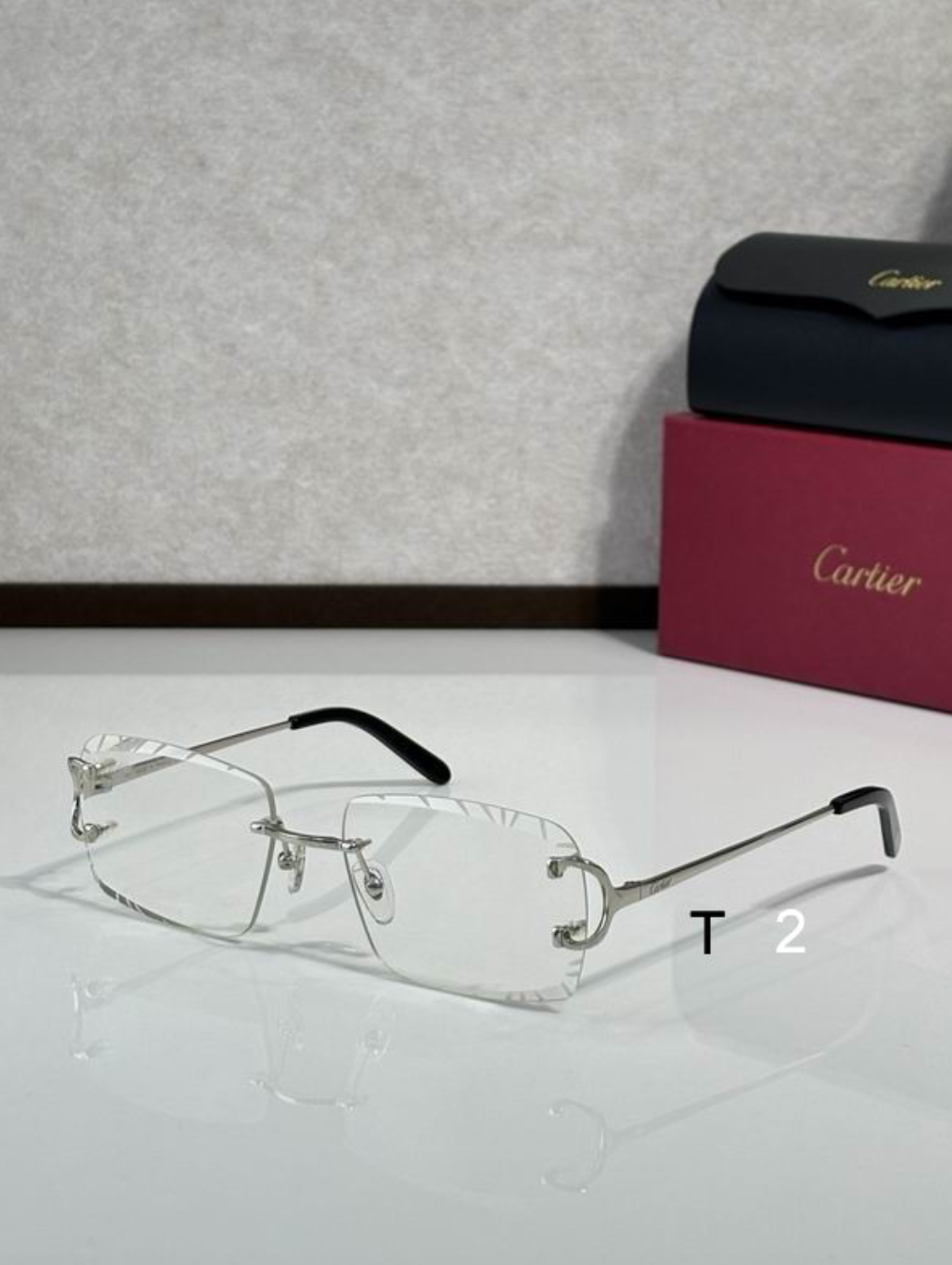 Crtir Glasses - Rimless Rectangular Clear Lens Silver Panther Arms