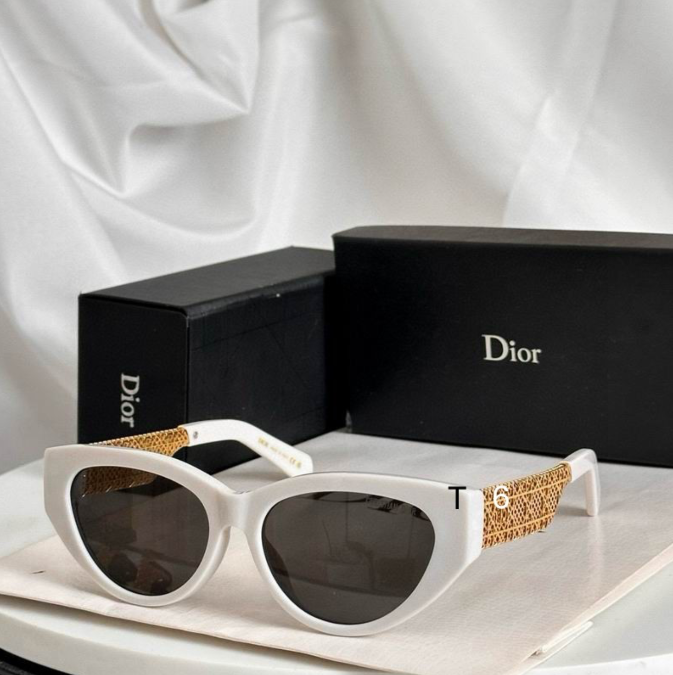 Dr Glasses - White Cat-Eye with Dark Gray Lenses and Gold Mesh Temples