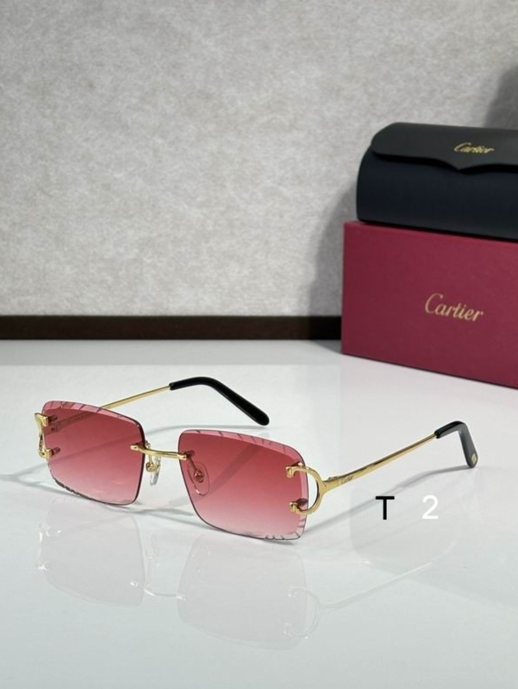 Crtir Glasses - Rimless Rectangular Pink Red Gradient Gold Arms