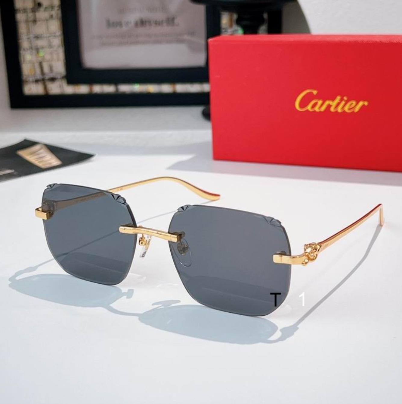 Crtir Glasses - Rimless Oversized Square Dark Gray Gold Panther