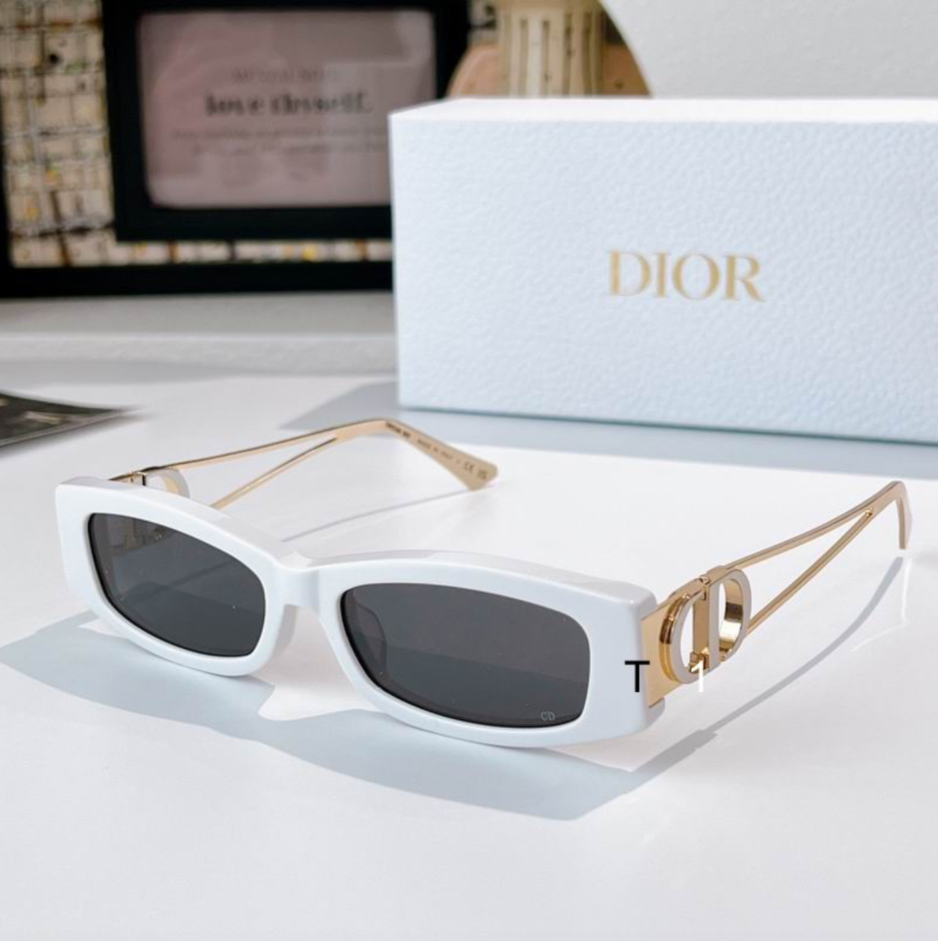 Dr Glasses - White Slim Rectangular with Open Gold Wire CD Logo Temples