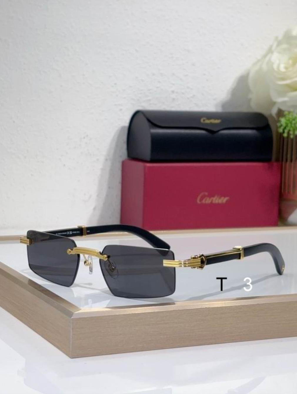Crtir Glasses - Rimless Rectangular Dark Gray Gold Ribbed Black Arms