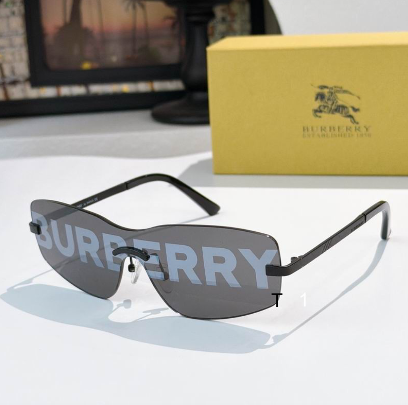 Burbry Glasses - Rimless Shield Sunglasses BURBERRY Print Lens