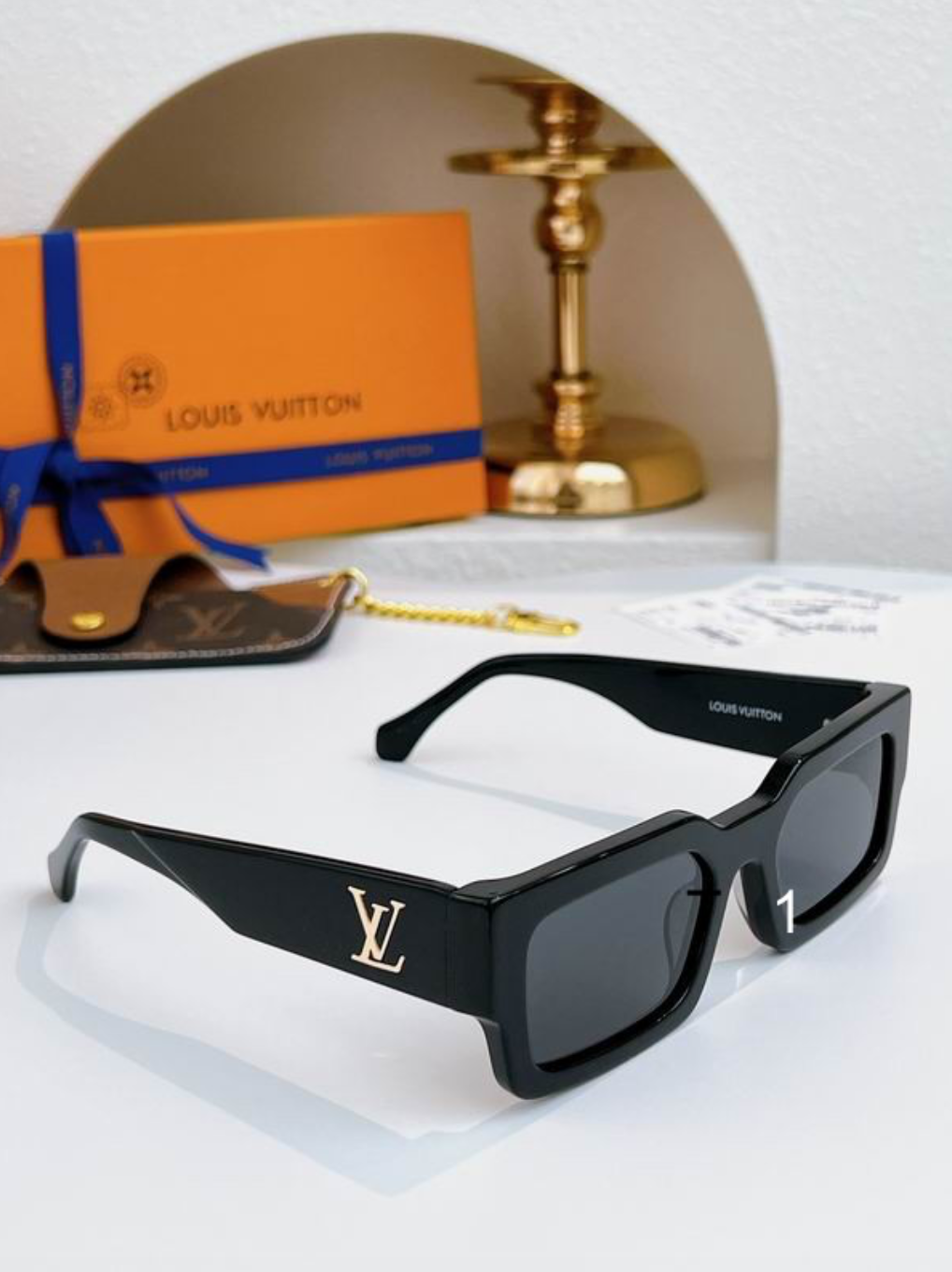 LV Glasses - Black Flat-Top Rectangle Gold LV Logo Dark Smoke Lenses