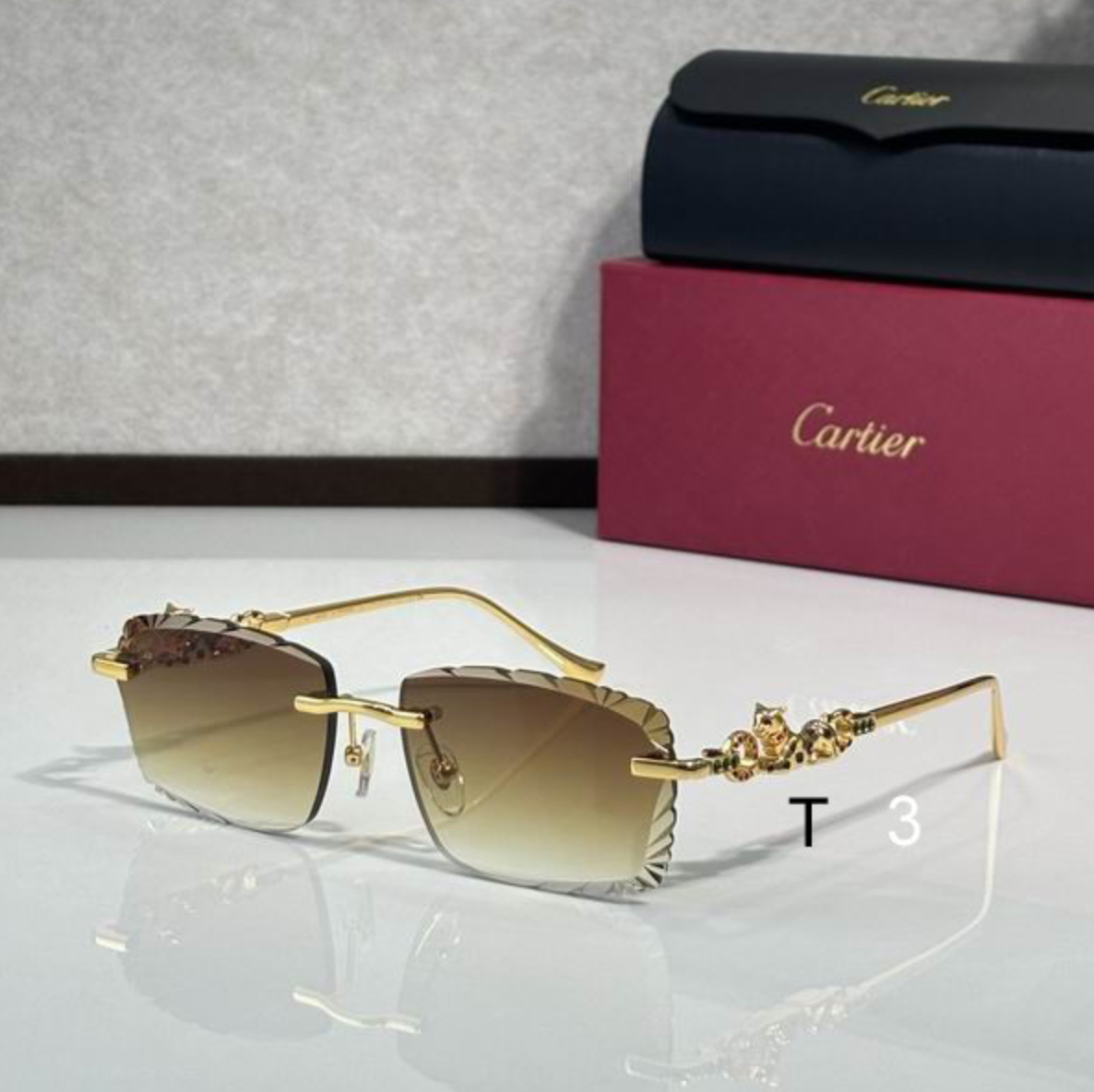 Crtir Glasses - Rimless Rectangular Diamond-Cut Edge Brown Gradient Jeweled Panther Gold Arms