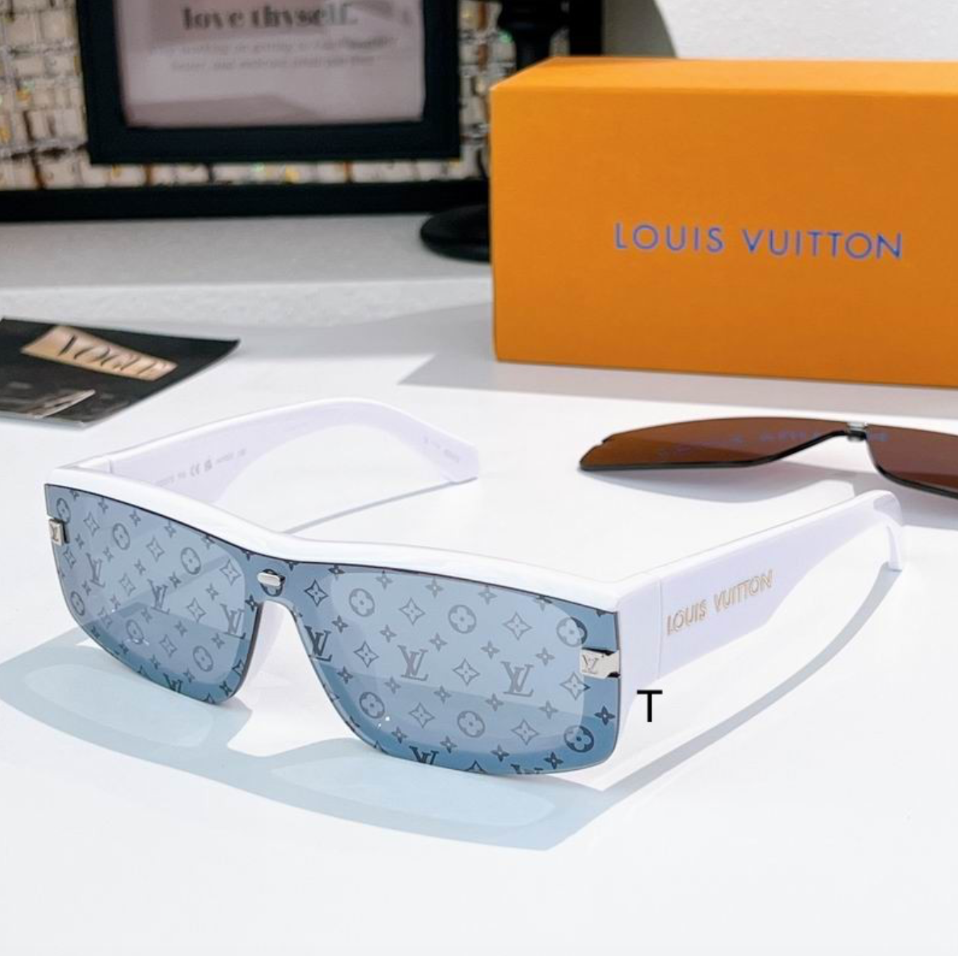 LV Glasses - White Shield Visor LV Monogram Blue Gray Patterned Lenses