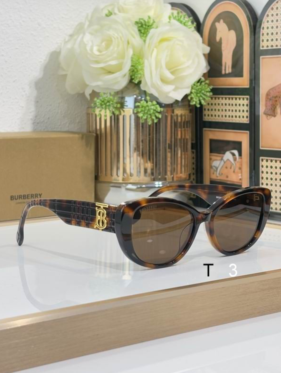 Burbry Glasses - Tortoiseshell Cat-Eye Sunglasses Amber Lens Gold TB Monogram