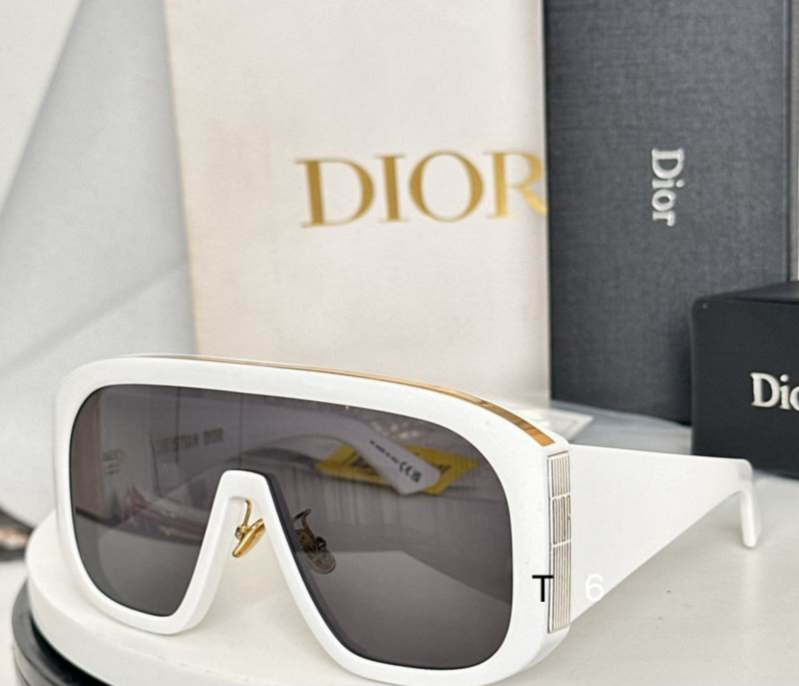 Dr Glasses - White Oversized Shield Visor with Gold Accent Bar and Dark Gray Lenses