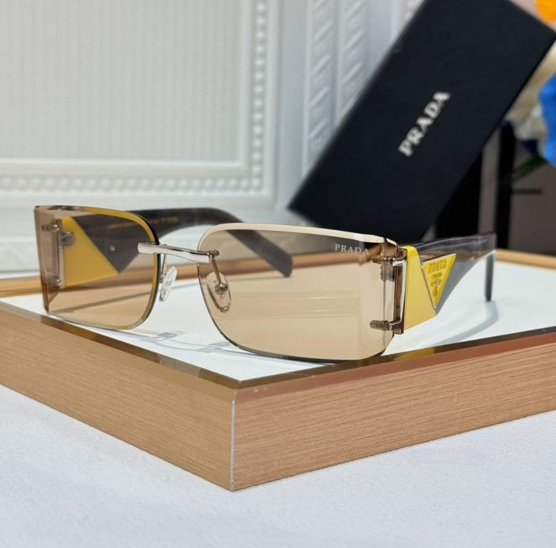 Prda Glasses - Gold Yellow Rimless Rectangular Tan Lenses
